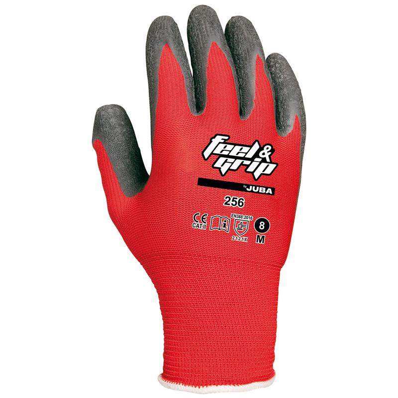 GUANTES NYLON LATEX ROJO PALMA GRIS FEEL&GRIP 256 JUBA TALLA 10 (XL) (B-10) (1 PAR)